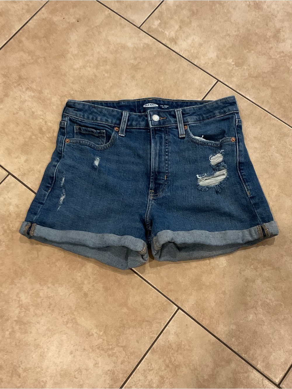 High-Rise Dark Blue Denim Cuffed Women's Shorts
